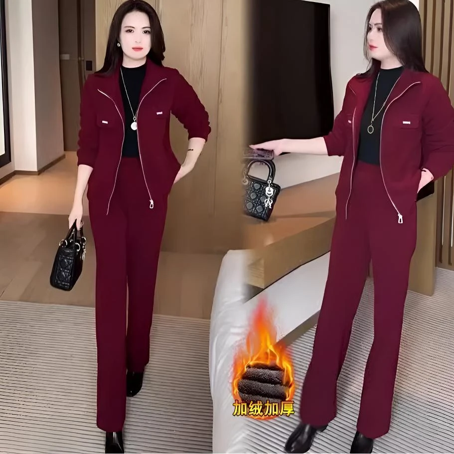 【上衣+裤子】新款女秋冬季加绒加厚套装中老年妈妈装休闲上衣裤子