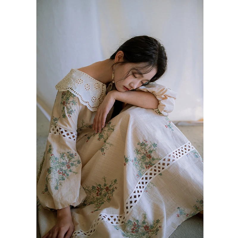 南风谷【椿野森会】重工全刺绣花苞袖温柔少女大摆亲肤复古连衣裙