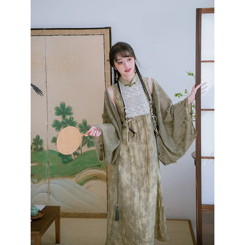 南风谷【松下客】天丝亚麻旗袍连衣裙新中式立体花卉蝴蝶开衫套装