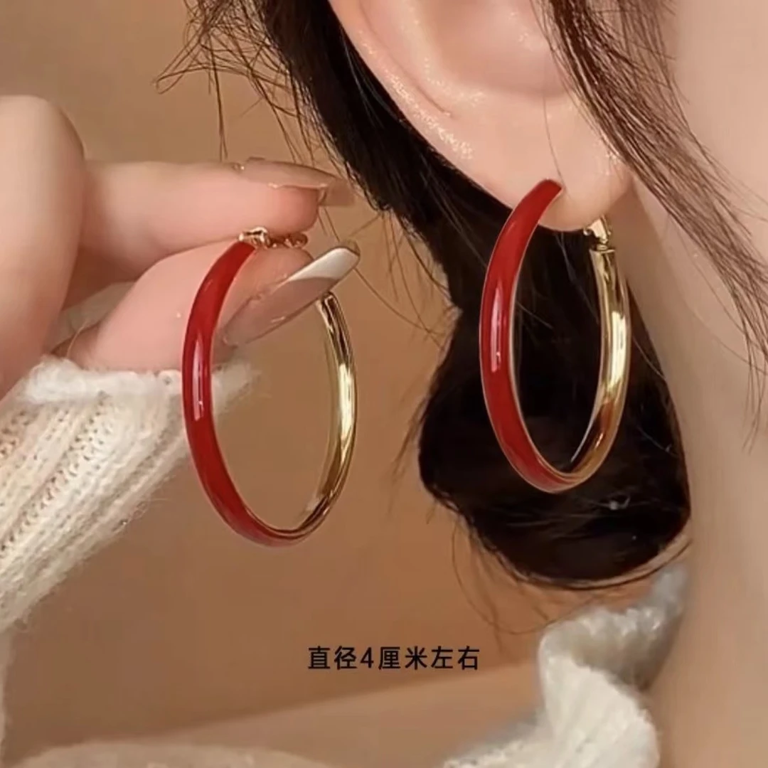 铜合金耳饰 时尚大气红色圆圈耳环女精致轻奢小众设计显瘦耳圈956