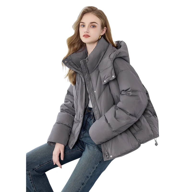 她池2024冬装新款女装气质宽松插兜连帽短款休闲羽绒服T44Z8017Y
