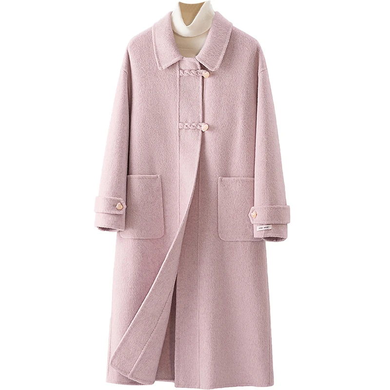 丝柏舍2024冬装新款女装纯色翻领绵羊毛爱心纽扣大衣S44B7222D