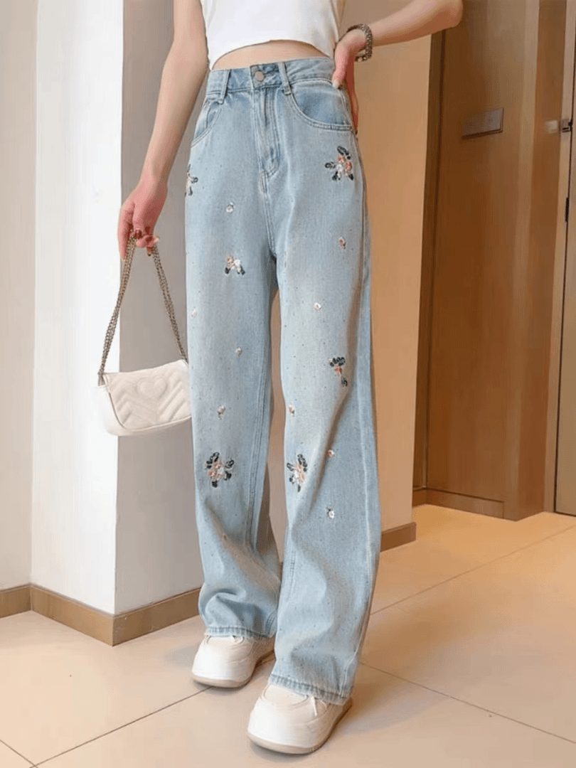 2024春夏季新款芜敌品质感！中高腰烫钻刺绣花朵牛仔直筒裤女