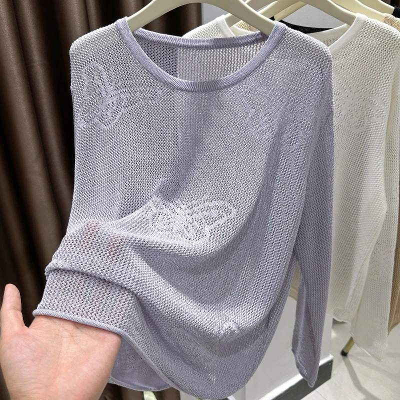 高档次紫色镂空针织长袖上衣女爆款2025新款夏季宽松微胖打底罩衫