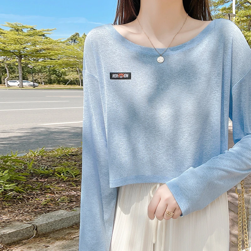 蓝色冰丝长袖t恤女2025新款夏薄短款防晒罩衫大领口宽松网红上衣
