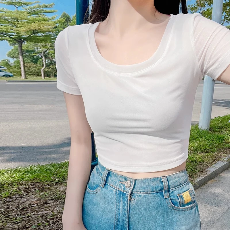 高档冰丝网纱打底衫女夏季吊带裙内搭白色短袖t恤薄短款罩衫上衣