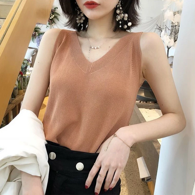 针织吊带背心女2023夏季新款薄款宽松V领西装内搭冰丝上衣打底衫