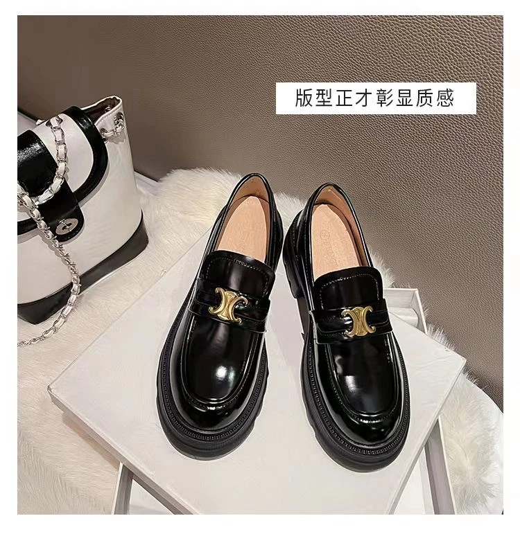 【LSY】圆头乐福鞋厚底新款英伦风一脚蹬凯旋门粗跟软底黑色单鞋