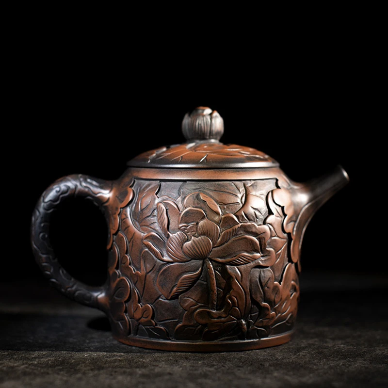 中式浮雕紫陶浮茶壶手工刻荷花泡茶具正把石瓢壶复古大号紫陶单壶
