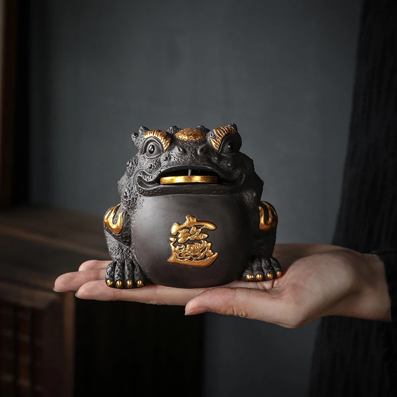 紫陶金蟾茶宠摆件蟾蜍家用陶瓷茶玩中式描金大号可养功夫茶具配件