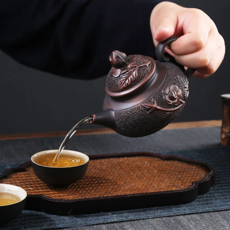 创意紫陶功夫茶具复古中式冰烟壶手工刻花泡茶器紫砂茶壶家用单壶