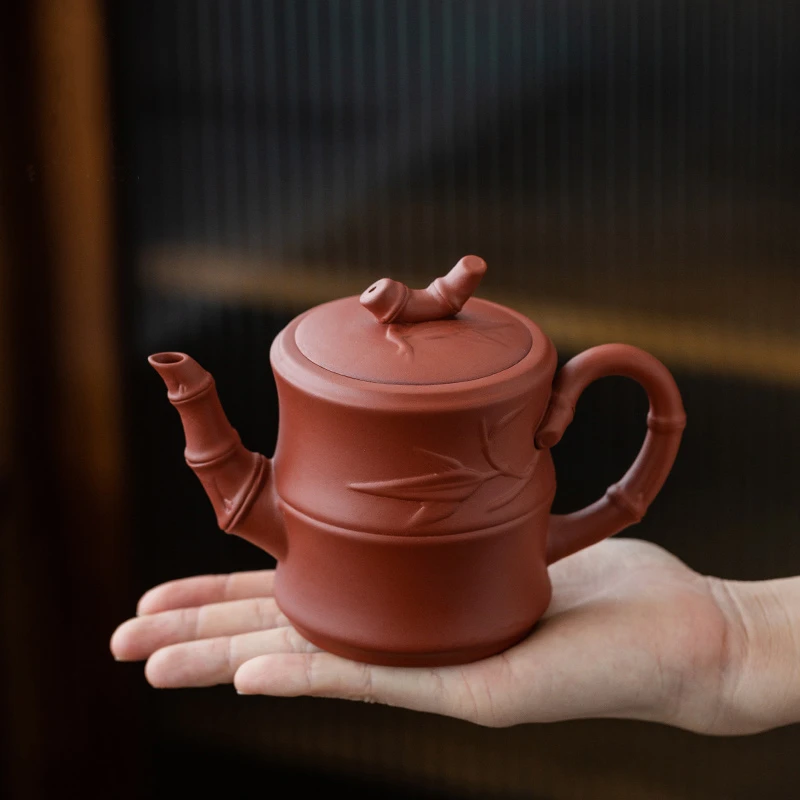 宜兴朱泥全手工竹韵凤鸣竹节壶功夫茶具泡茶壶230cc礼盒装】紫砂壶