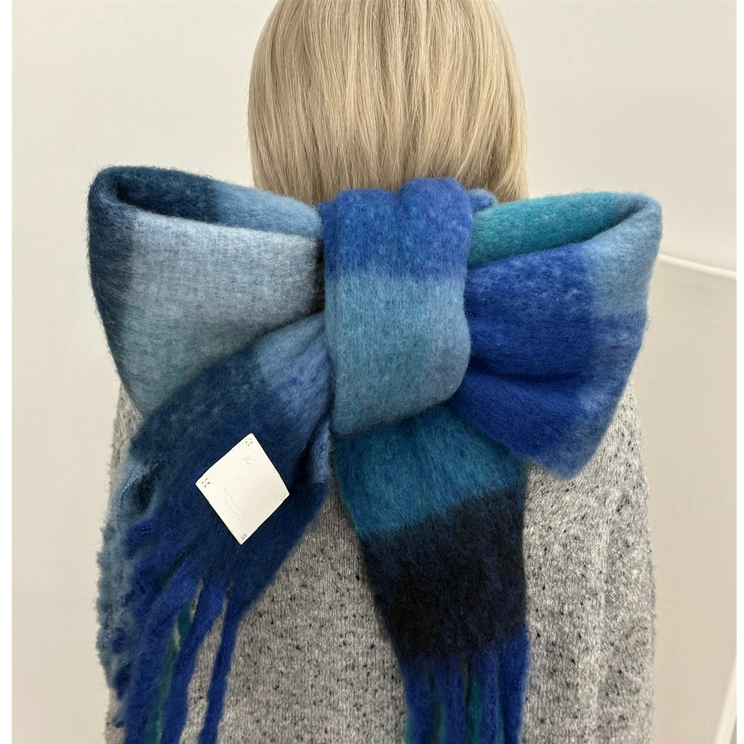 Y2NG秋冬复古撞色格纹围巾马海毛韩系保暖氛围感围脖针织毛线披肩