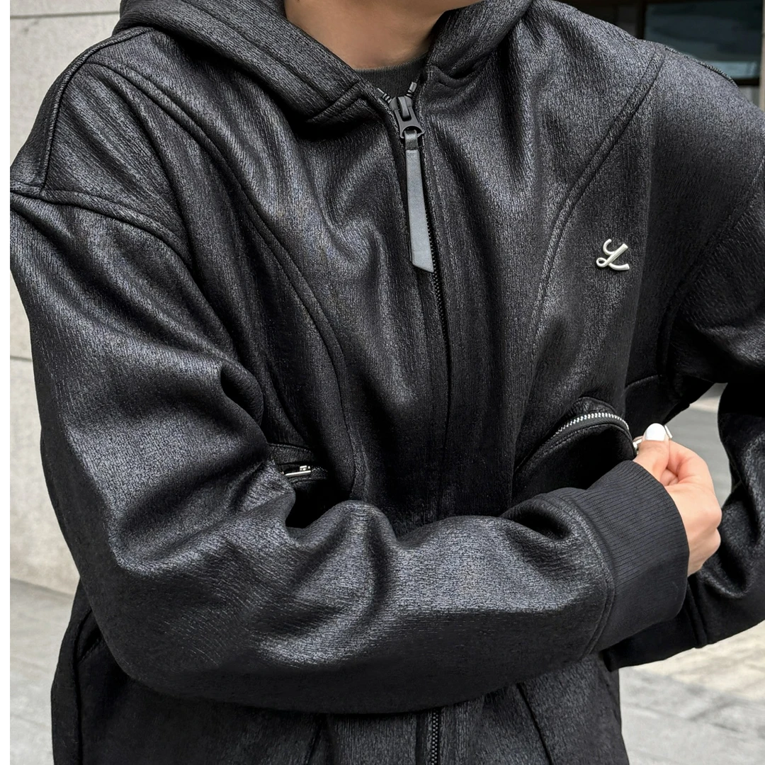 Y2NG 立体口袋裂纹拉链带帽卫衣休闲宽松百搭外套