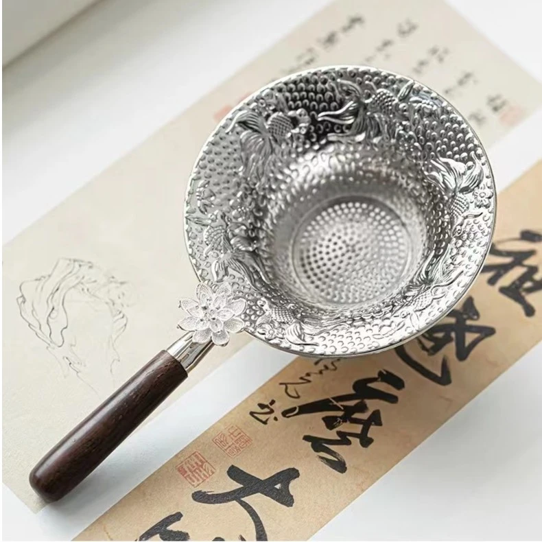 合金莲莲有鱼茶漏莲花长柄茶滤功夫茶具配件黑檀木茶漏
