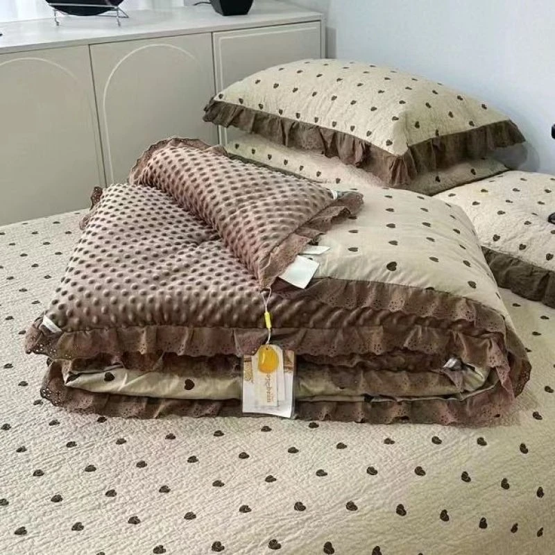 全棉法式砂洗床盖三件套豆豆被四件套2023四季通用棉花夹棉绗缝垫