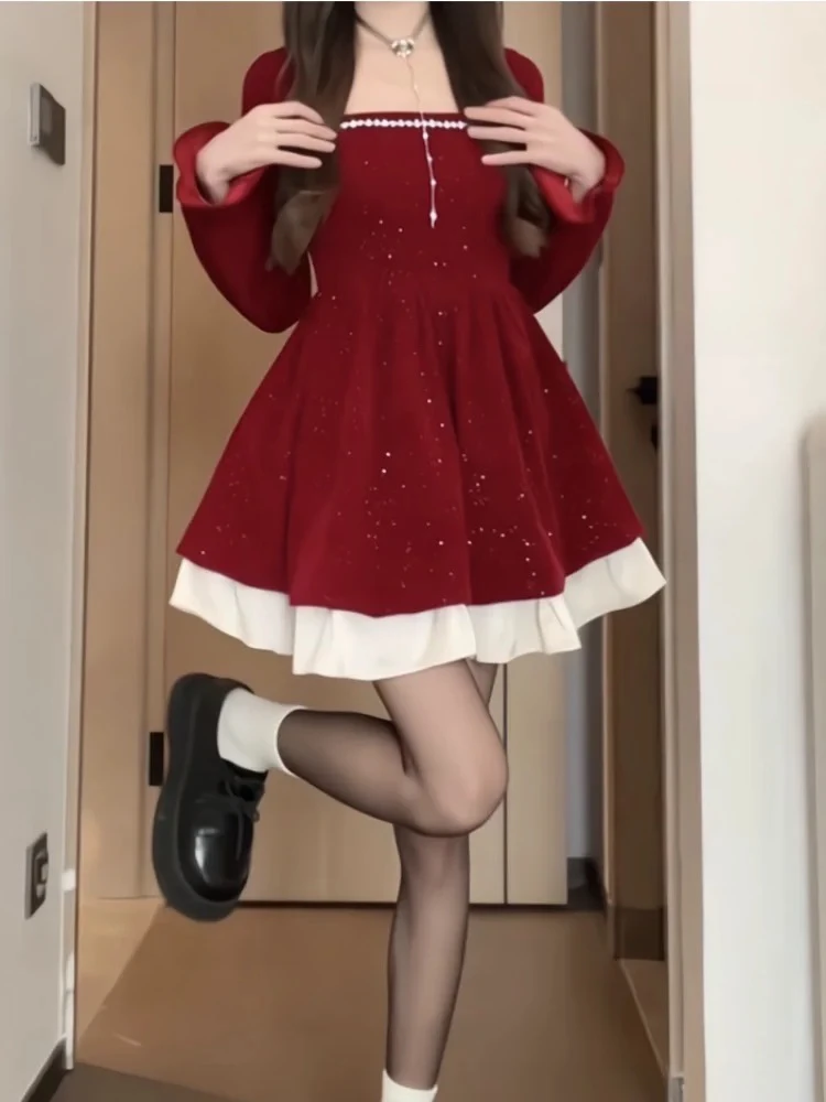 红色圣诞方领连衣裙