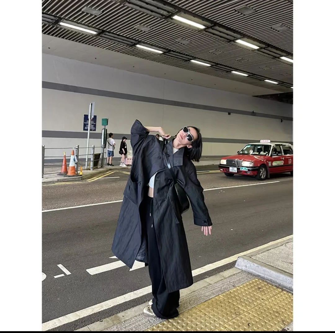 气质翻领过膝长款风衣大衣