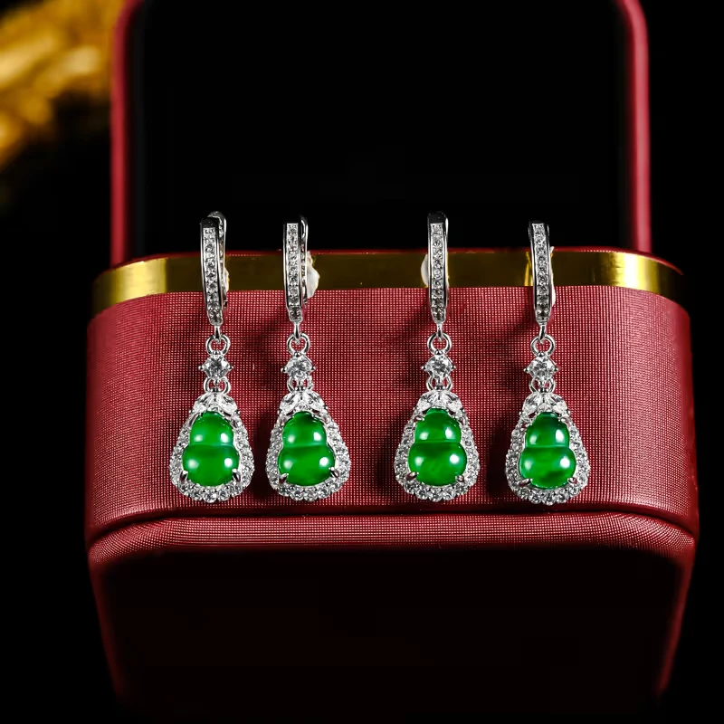 天然翡翠3132/53094满色葫芦耳坠国标s925银镶嵌精品多样性发其一