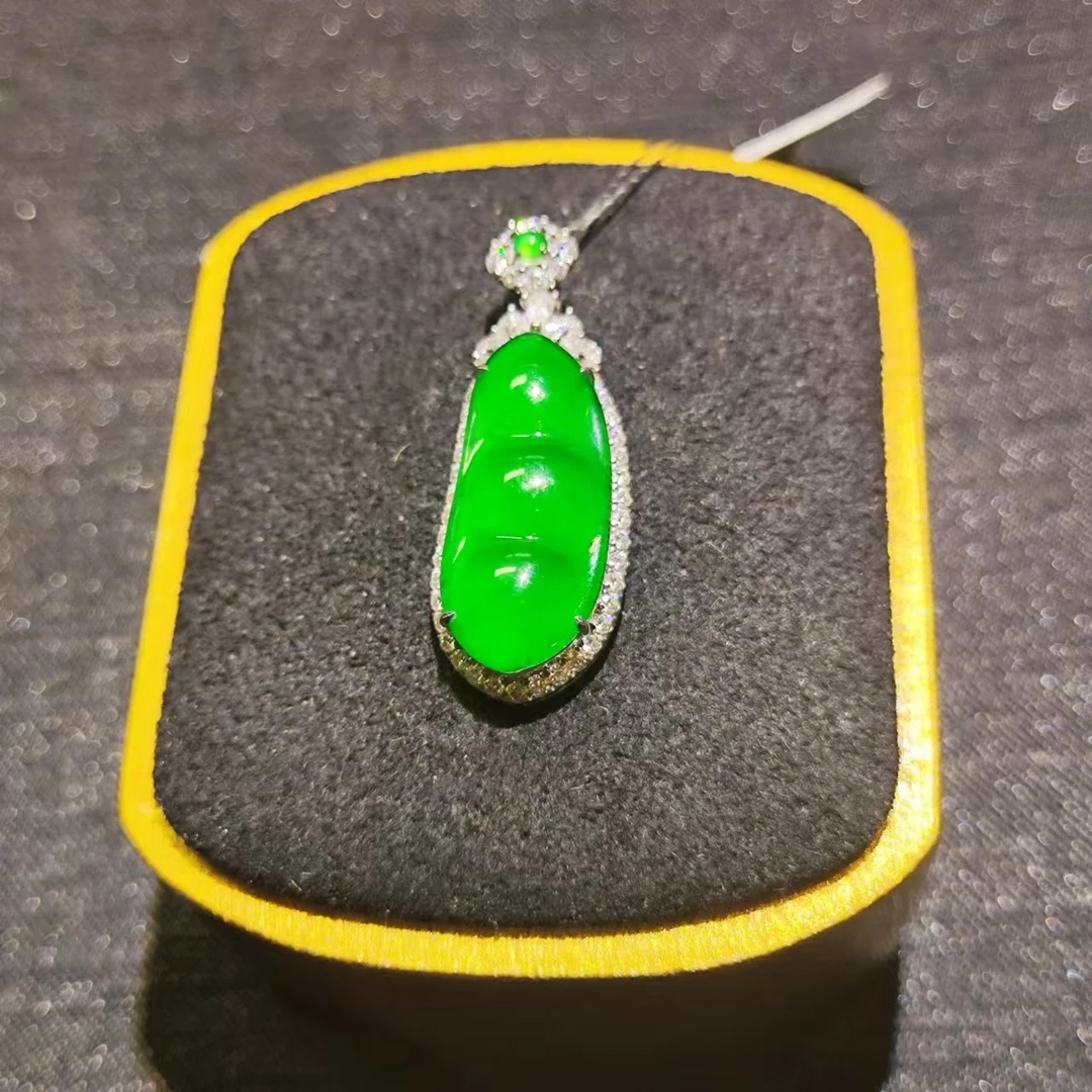 天然A货翡翠81957/7180满色豆子吊坠18k金镶嵌经典热门高端设计款