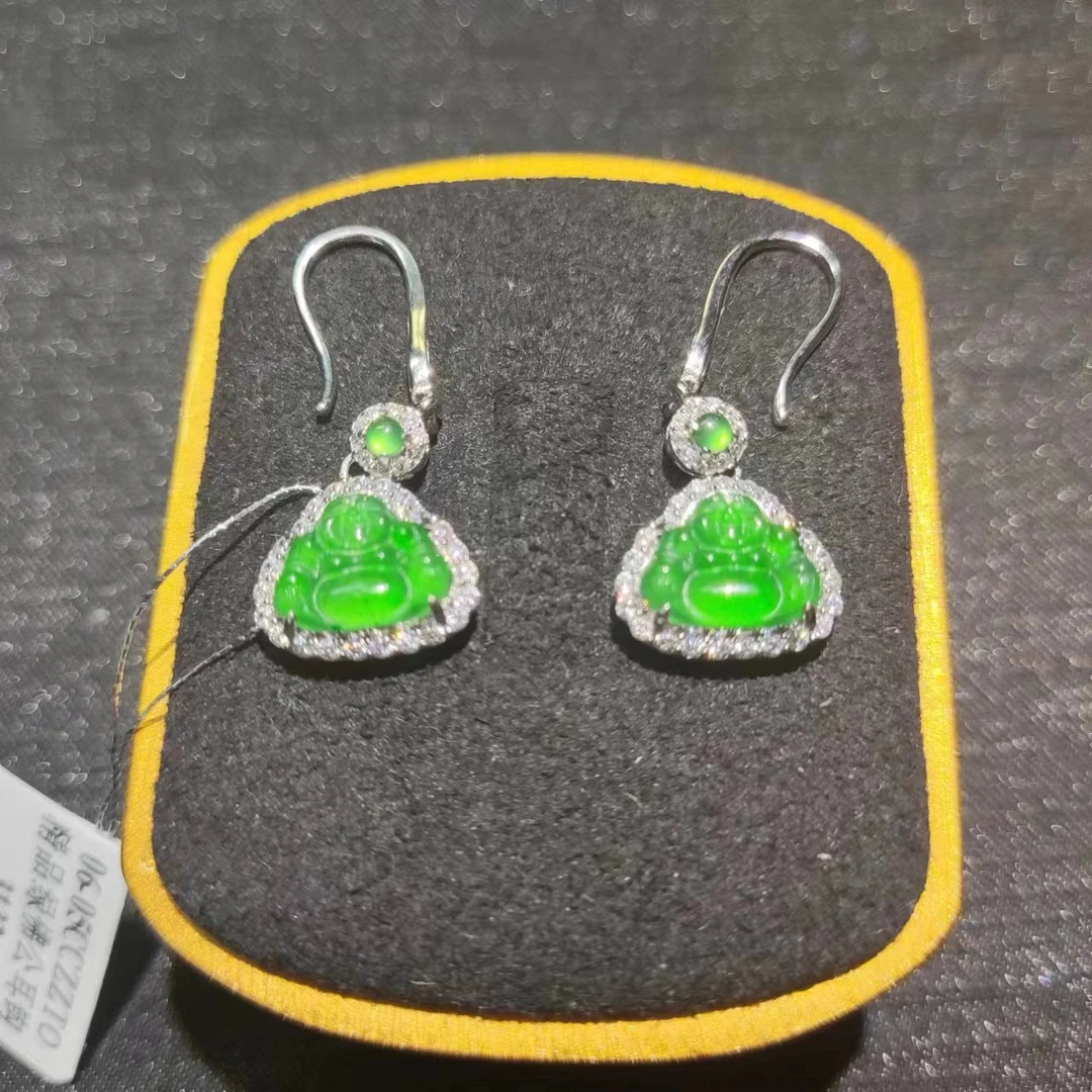 天然翡翠3132/84551满色佛公耳坠国标s925银镶嵌精品经典热门款式