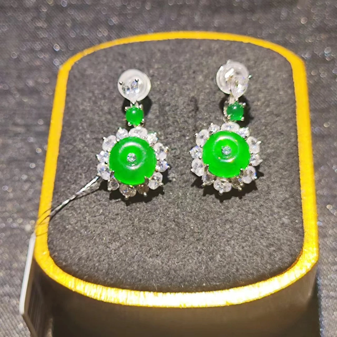 天然翡翠3132/103943满色平安扣耳钉国标s925银镶嵌全新设计款式