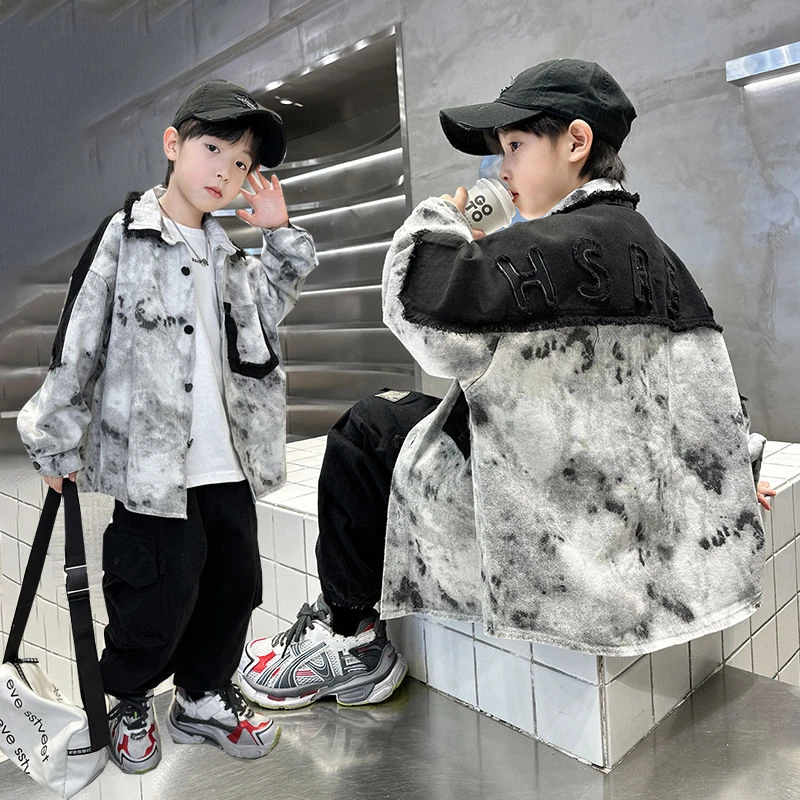 【260克加厚】男童春秋休闲扎染外套衬衫新款中大儿童帅气秋装上衣
