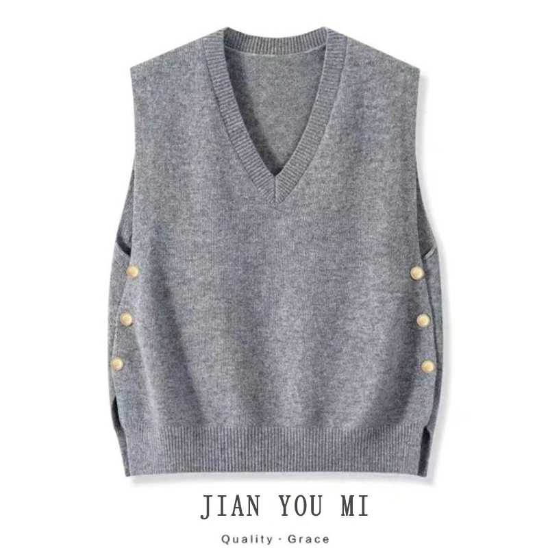 春季新款侧排纽扣毛衣针织V领马甲2025新款女装叠穿爆款马夹上衣