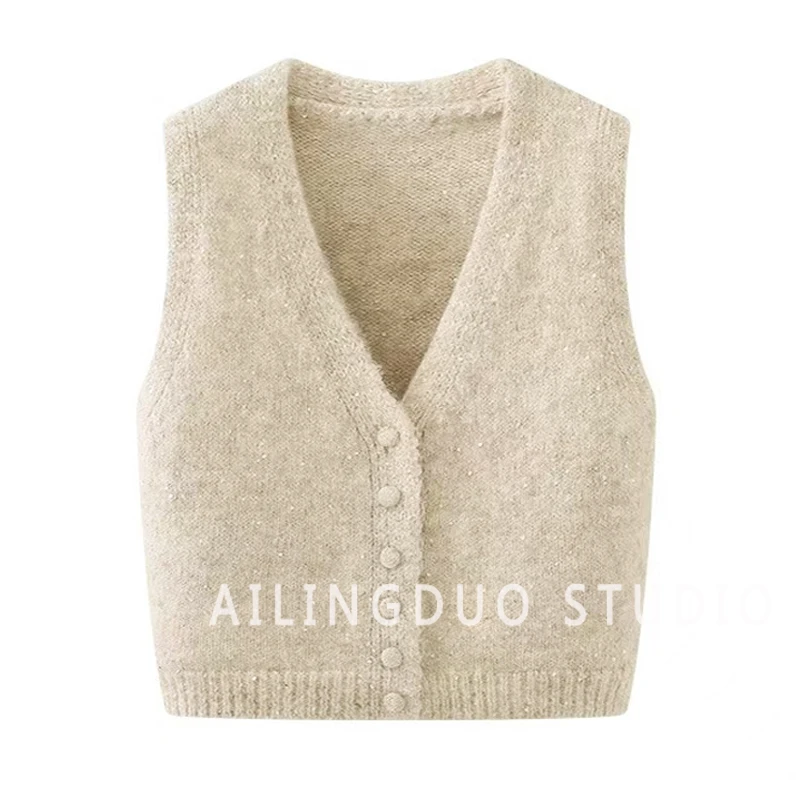 「红人上新」v领针织亮片开衫马甲女秋冬季叠穿坎肩上衣外搭无袖