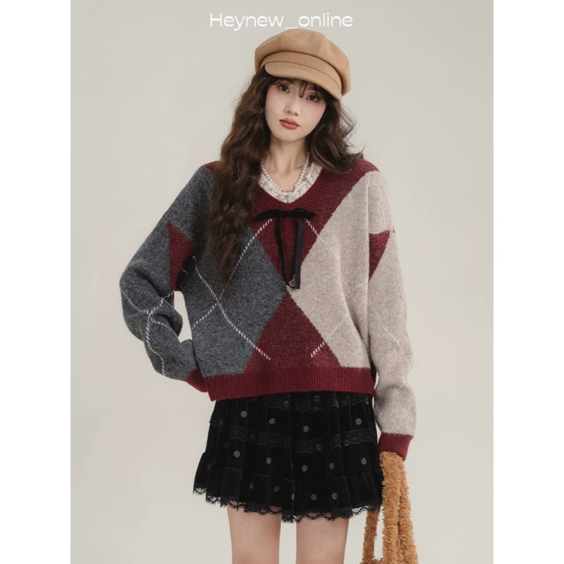 【黑妞 冬季上新 】大格纹毛衣针织复古日常慵懒风-4D876