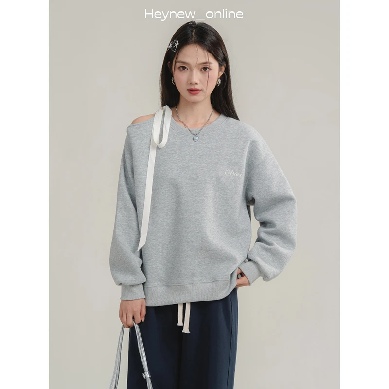 【现货来了】圆领露肩系带卫衣女早秋小众宽松显瘦上衣-4Q029