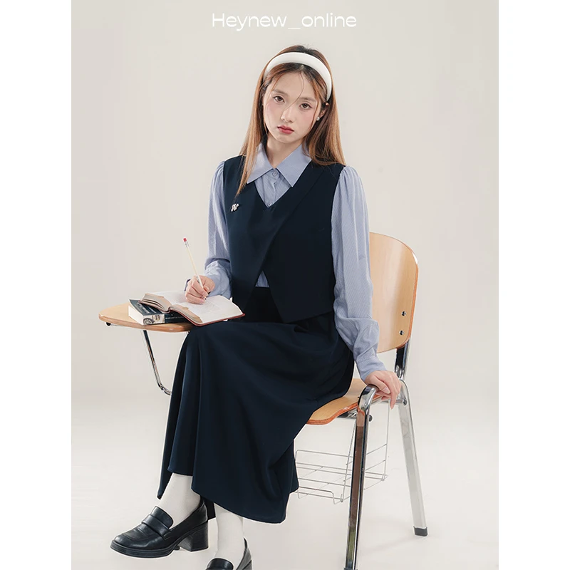 【年中清清】复古学院风甜美马甲衬衫假三件套连衣裙女长裙-4Q054