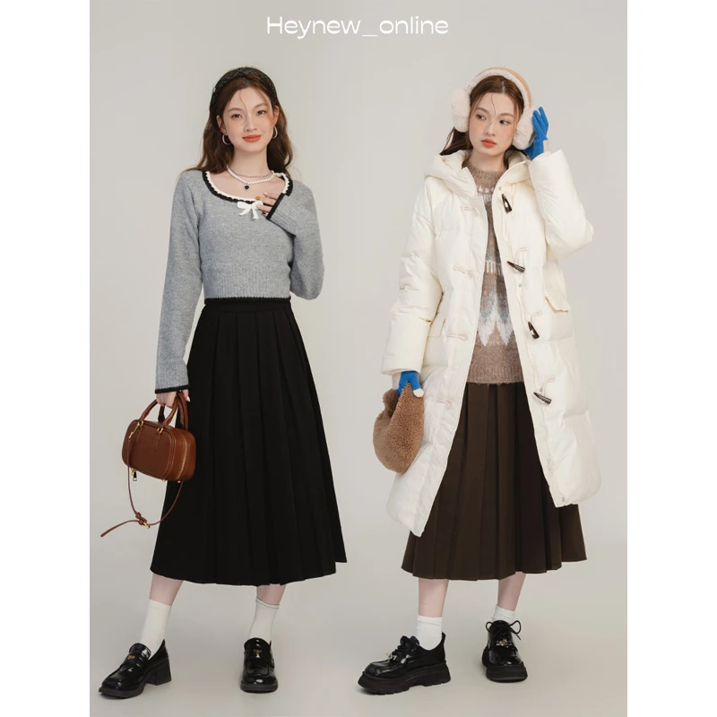 【婷婷专属款】黑色百褶呢子半身裙女秋冬学院风中长裙伞裙-3D352