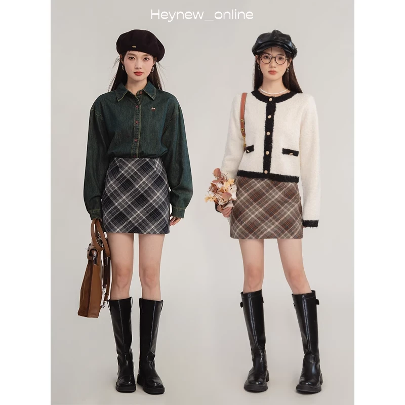 【婷婷专属款】格纹a字半身裙女秋冬小个子显瘦包臀辣妹短裙-3D344