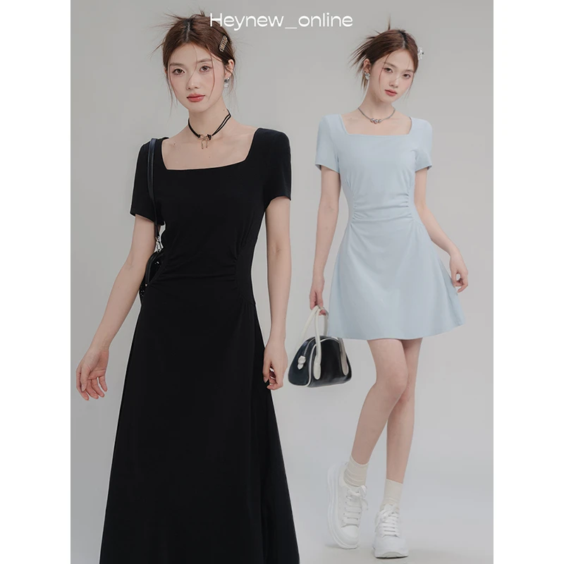 LOVEHEYNEW长短款方领显瘦短袖连衣裙女收腰褶皱a字裙子-4X276