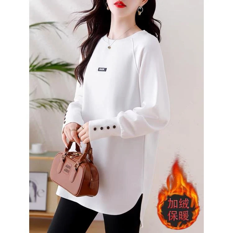 秋冬季新款时尚韩版重工胸牌纽扣中长款加绒加厚T恤