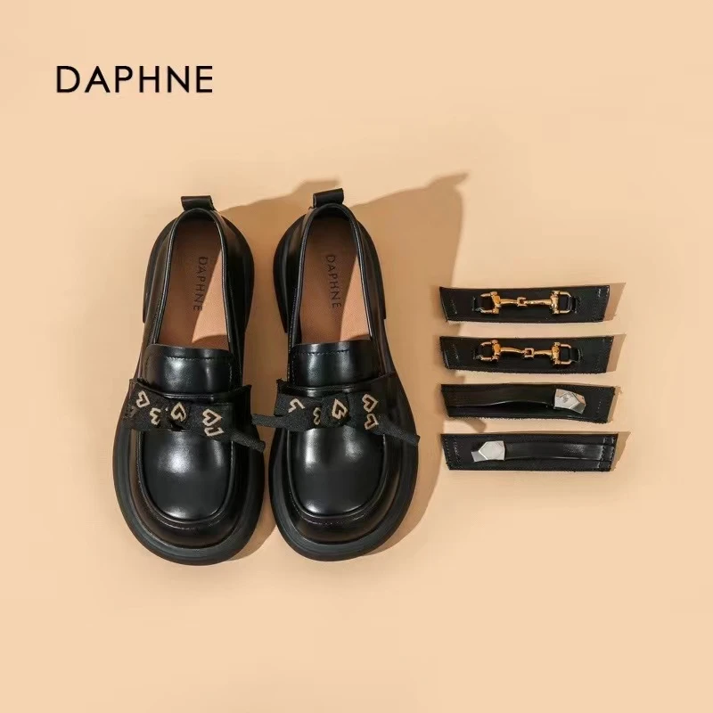 【一鞋多穿】达芙妮2024春季圆头厚底小皮鞋魔术贴增高乐福鞋女