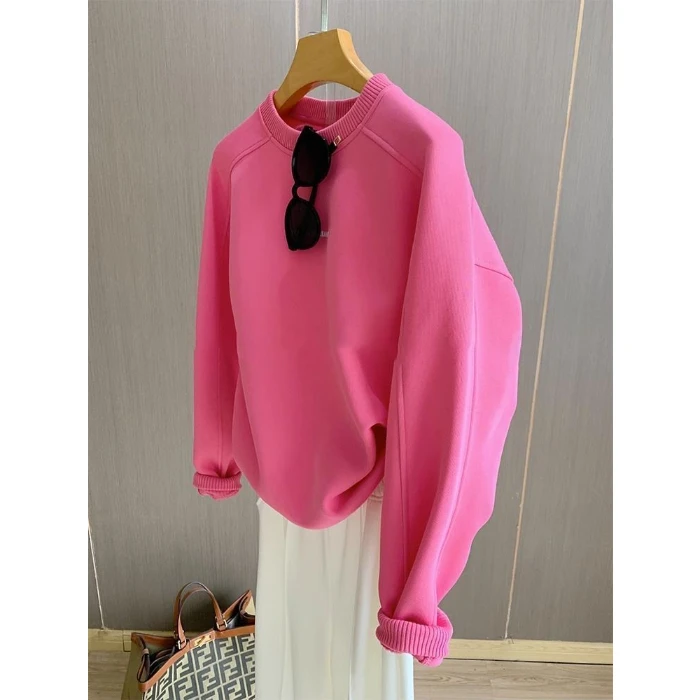 大码加厚加绒玫红色卫衣女2024春秋新款圆领印花ins百搭薄上衣潮