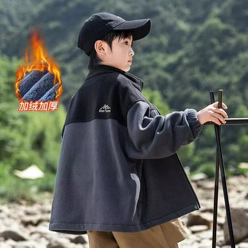 男童加绒加厚外套校服内胆保暖童装秋冬摇粒绒上衣中大童冬装儿童
