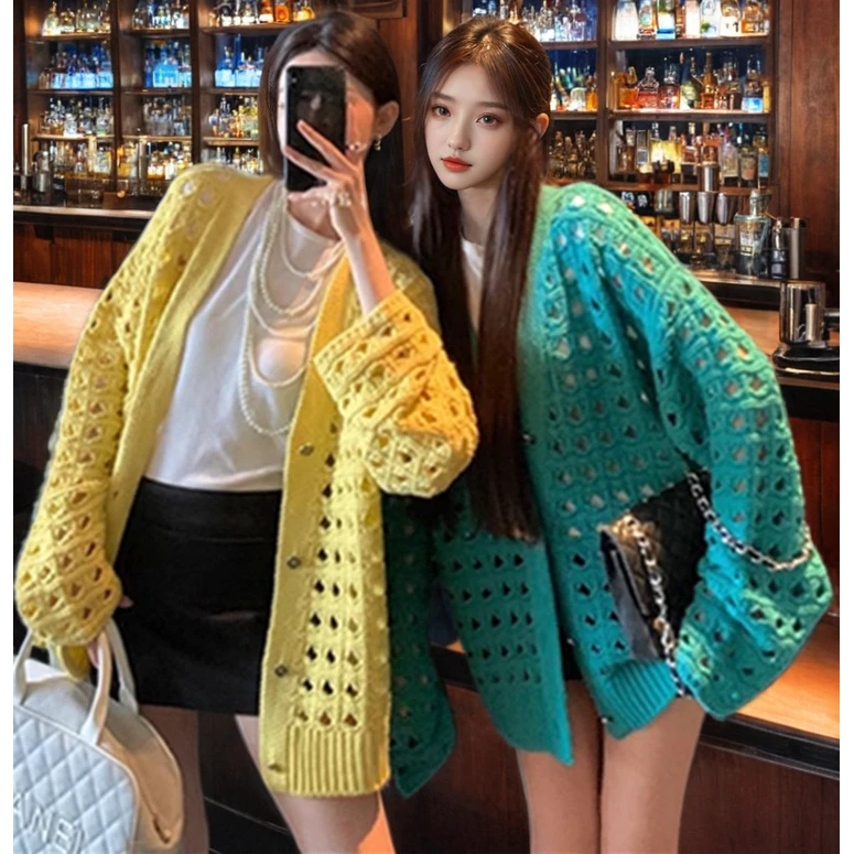 欧阳镂空针织衫女秋季2024新款宽松毛衣外套复古长袖开衫上衣区区