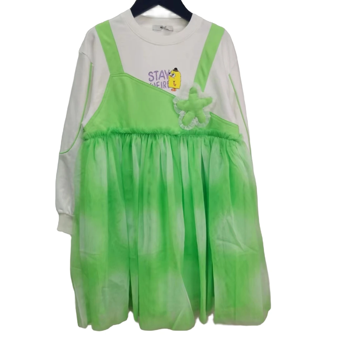 女童连衣裙白绿色拼接立体小星星超仙纱纱女童卫衣连衣裙4367春秋