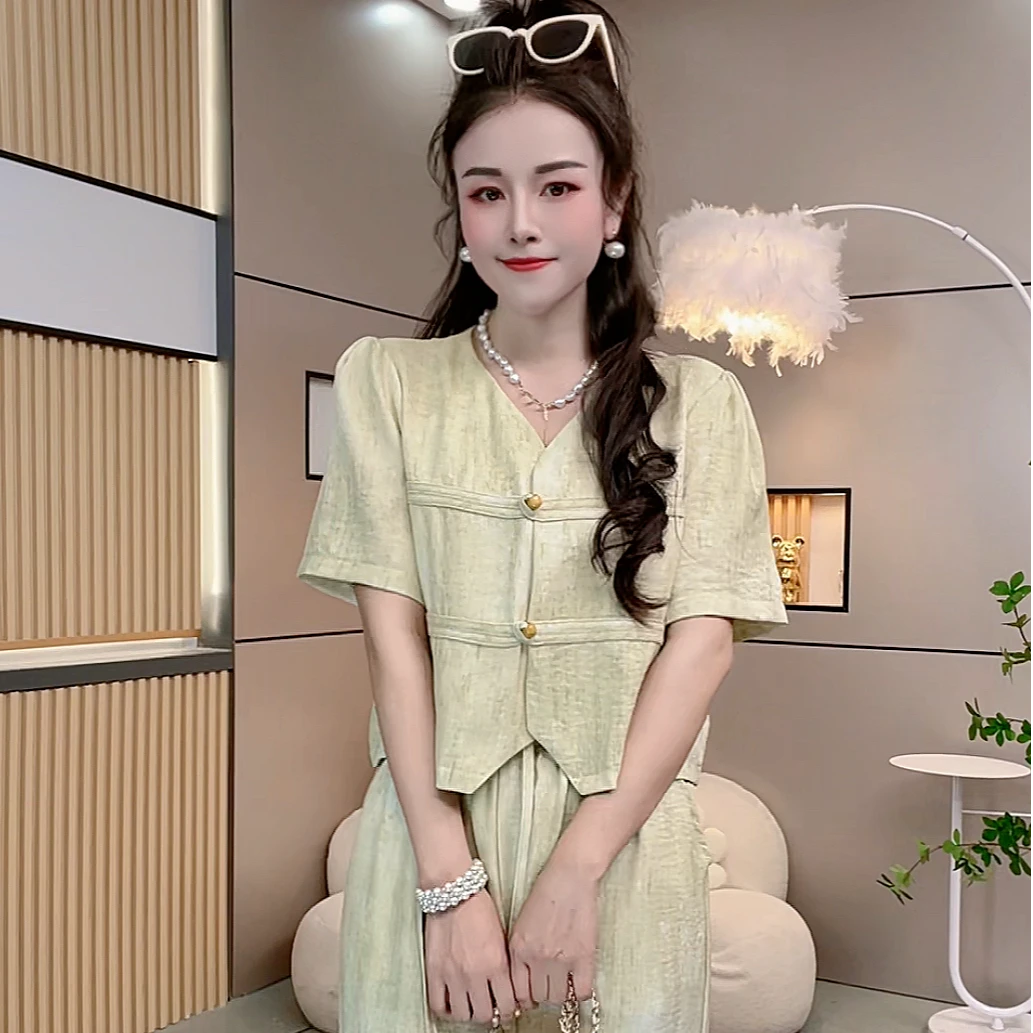 夏季两件套装短袖上衣国风阔腿裤女遮肉显瘦高级感洋气女装新款潮