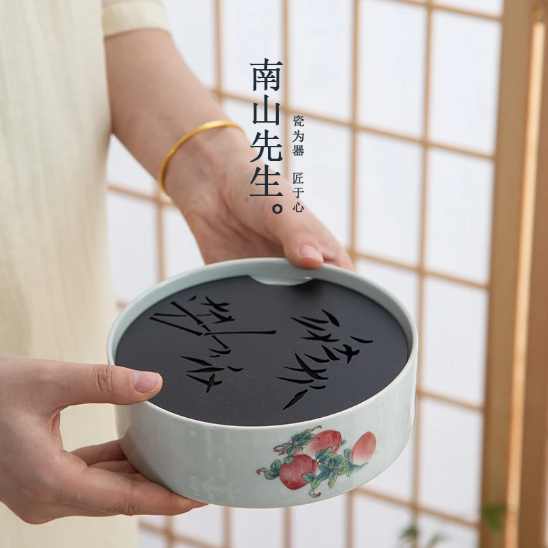 南山先生桃语滤水壶承 复古重工陶瓷中式茶道家用滤水干湿泡茶盘
