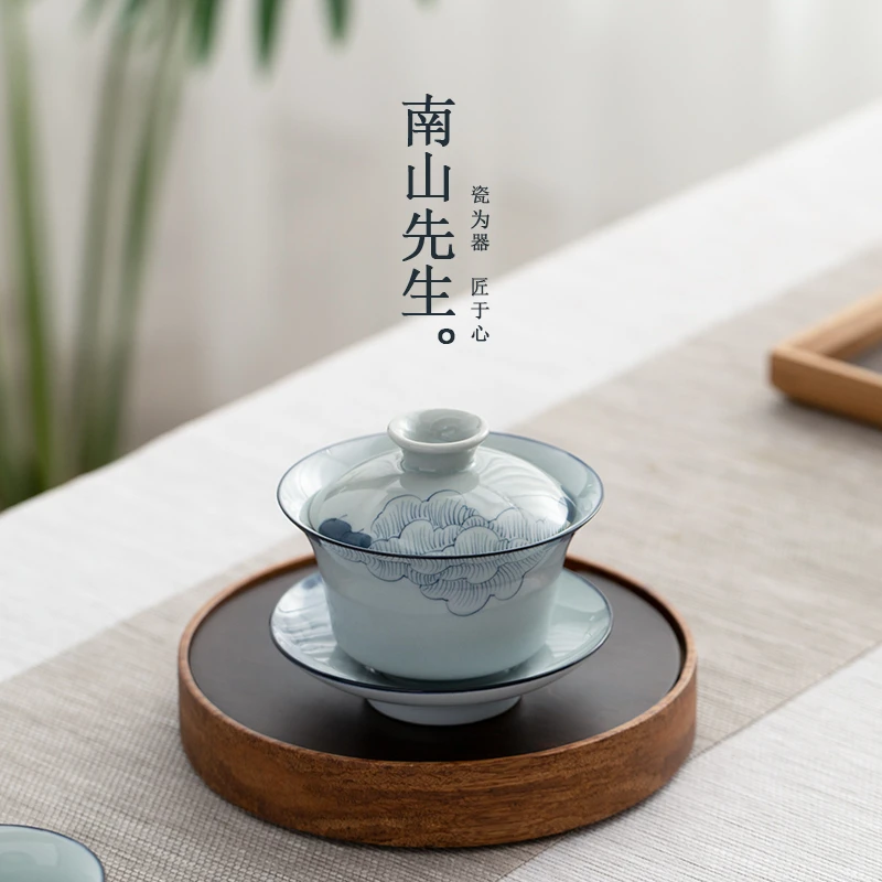 南山先生手绘芙蓉三才盖碗三件套防烫陶瓷盖碗手工泡茶旅行器高档