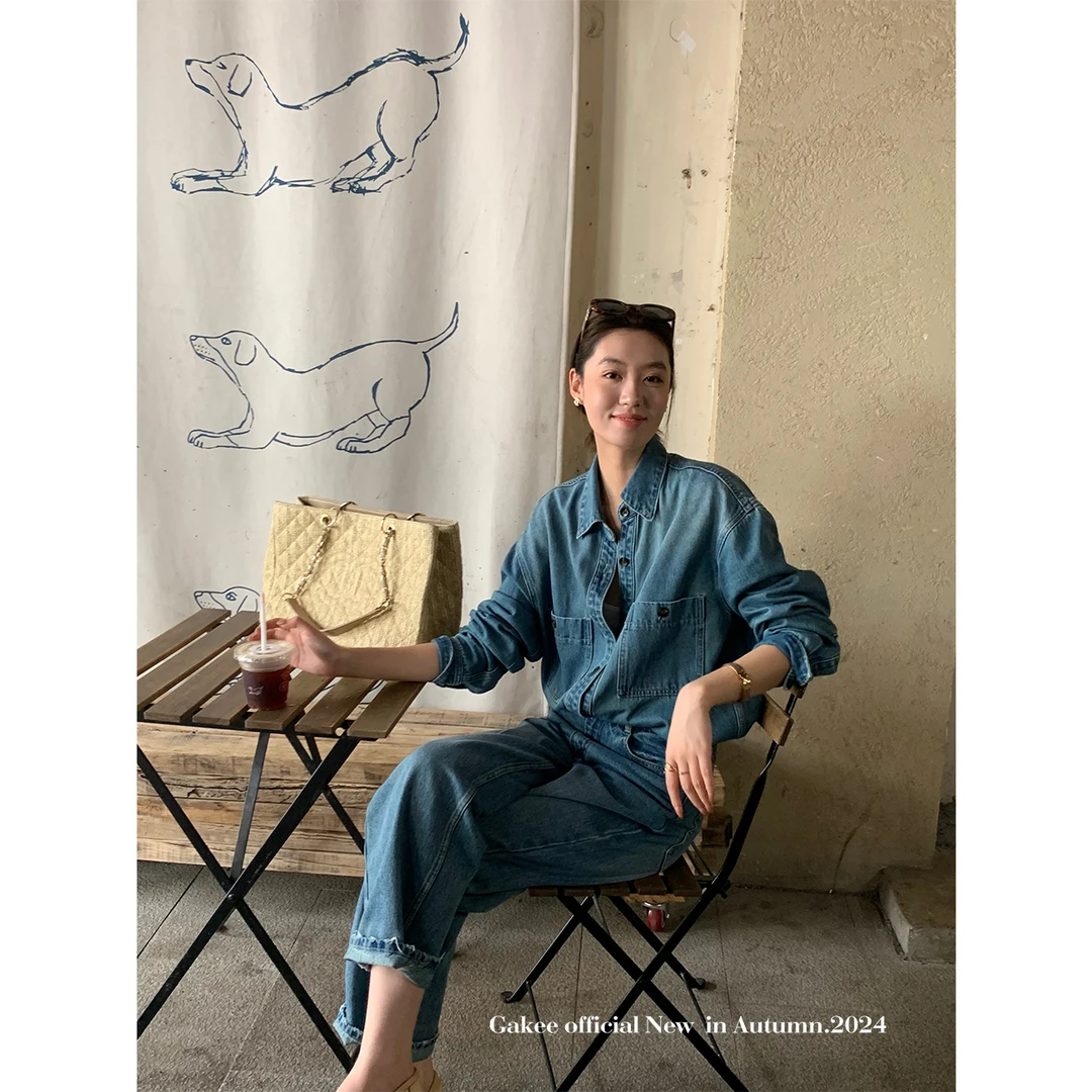 【摩登胶片】高腰休闲牛仔裤慵懒百搭长裤复古蓝直筒裤 H23705GK43