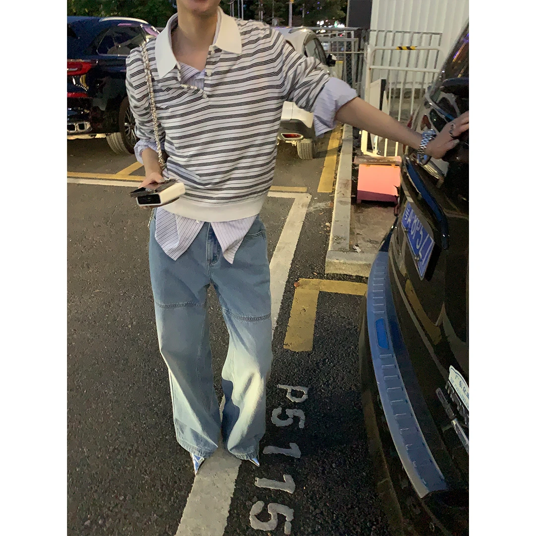 【不受束缚】“100棉”复古设计感洗水宽松直筒拼接牛仔裤H22825GK42