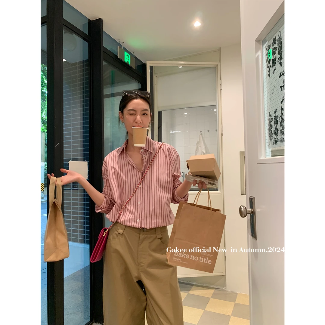 【粉红香槟】衬衫女高级粉色长袖上衣秋季休闲条纹衬衣 C24762GK43