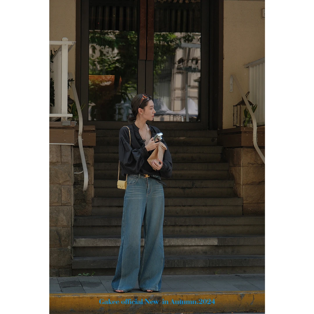 【拼接海平线】秋冬牛仔裤蓝色高腰阔腿裤宽松拼接长裤 H24815GK43