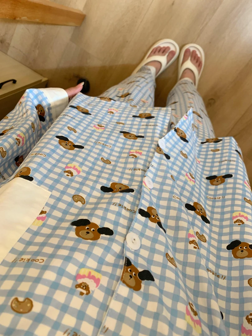 韩版可爱卡通格子小狗印花睡衣女套装春秋ins休闲长袖长裤家居服