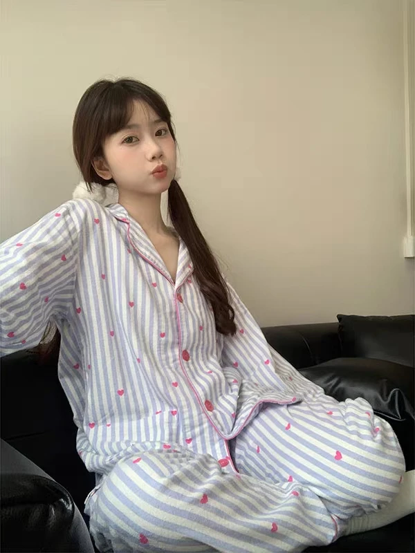 简约爱心条纹睡衣女春秋韩版ins甜美少女休闲宽松长袖长裤家居服